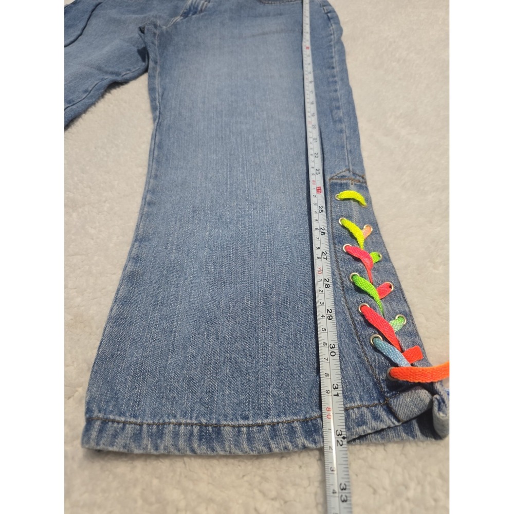 Vintage Y2K-era Faded Glory Denim Capris Sz 10 With Neon Rainbow Lace-up Ties - Picture 2 of 8